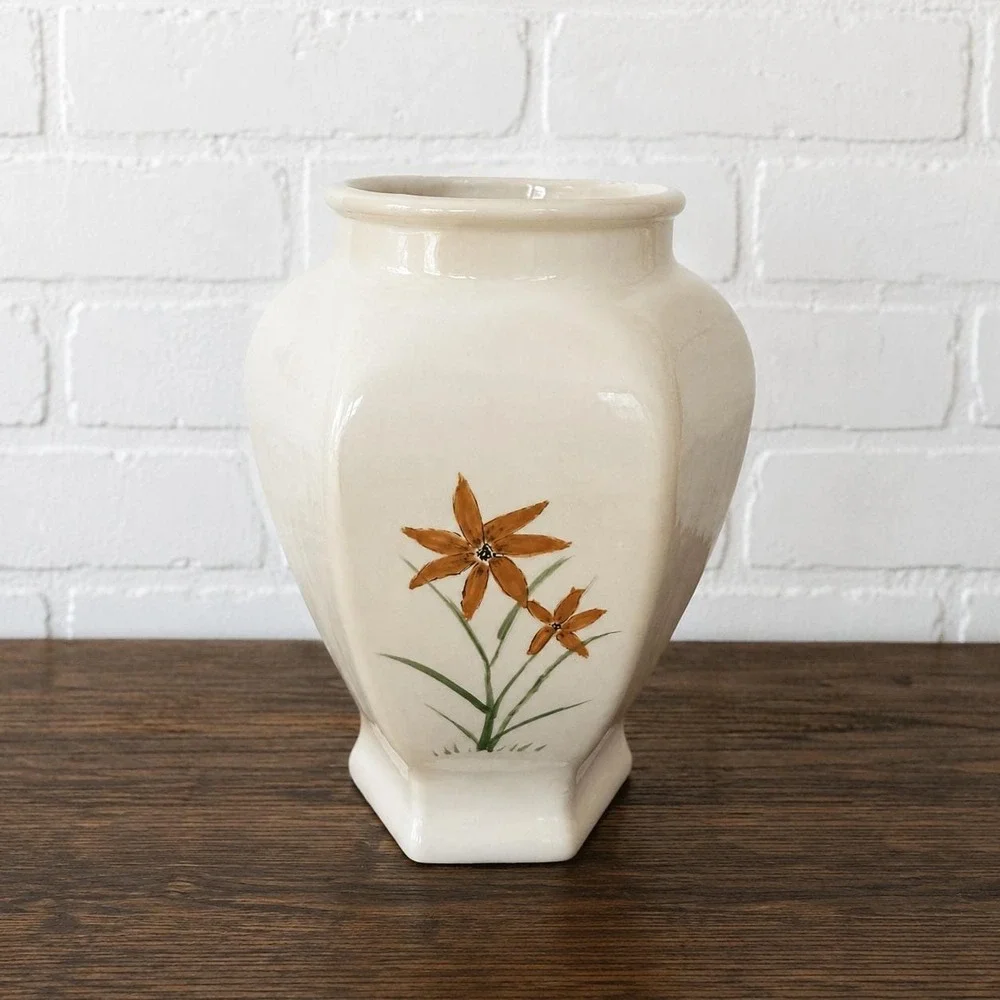 Vintage Hand Painted Ceramic Vase - White Hexagonal Footed Urn - Orange Floral